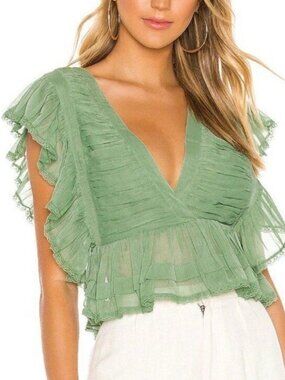 TULAROSA Women Ruffle Crop V Neck Pullover Kaia Blouse Sz M Sage Mint 23-12